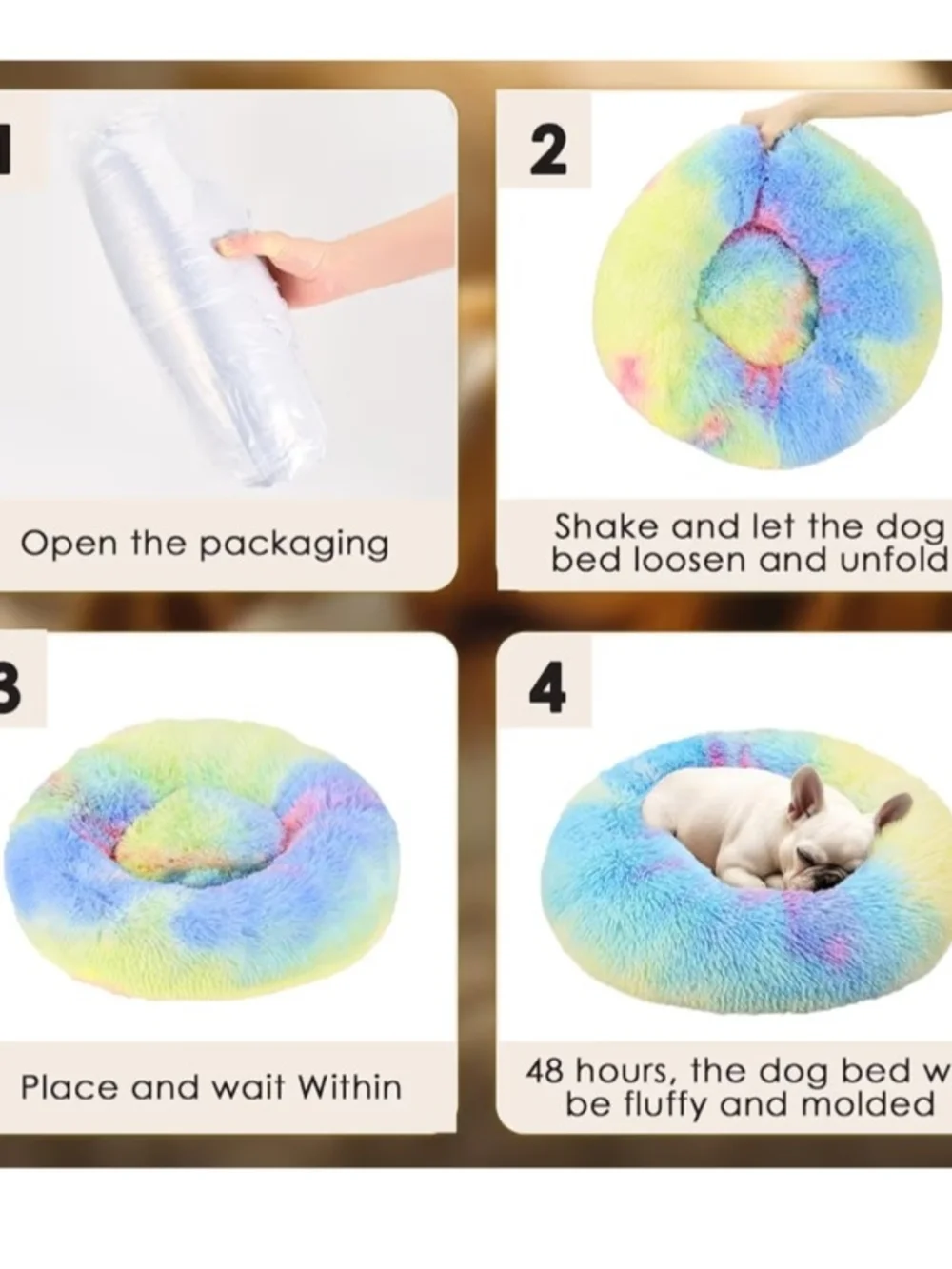 Rainbow Dog & Cat Bed 20in Calming Donut Bed for Puppy and Kitten,